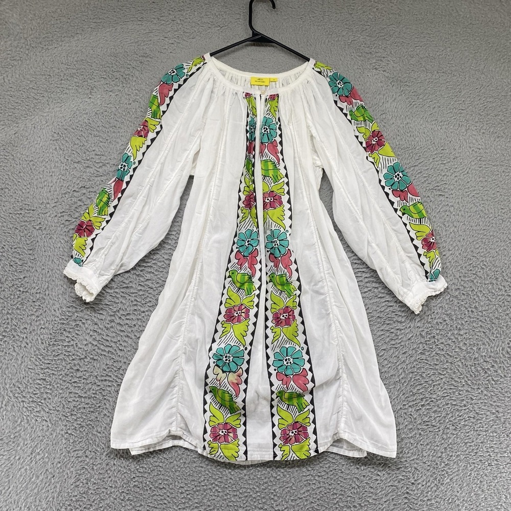 Roller Rabbit Dress Womens Small Floral Bird Tunic Kaftan Boho Resort Cotton